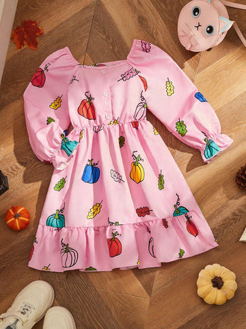 GraphicGems Girls' Colorful Pumpkin Print Ruffled Waist Dress For Halloween, Toddler