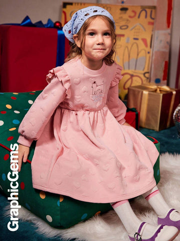 GraphicGems Girls Cute Embroidered Long Sleeve Round Neck Padded Knit Dress, Christmas Dress