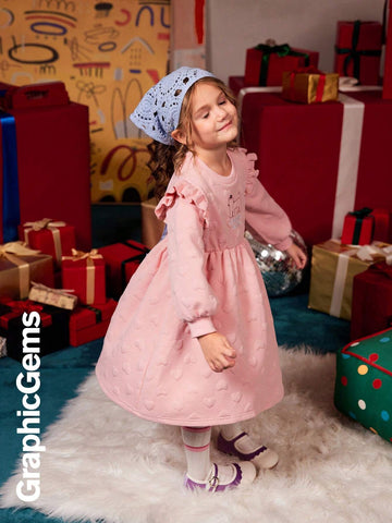 GraphicGems Girls Cute Embroidered Long Sleeve Round Neck Padded Knit Dress, Christmas Dress