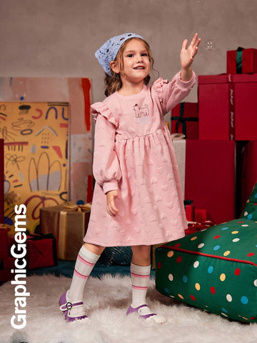 GraphicGems Girls Cute Embroidered Long Sleeve Round Neck Padded Knit Dress, Christmas Dress