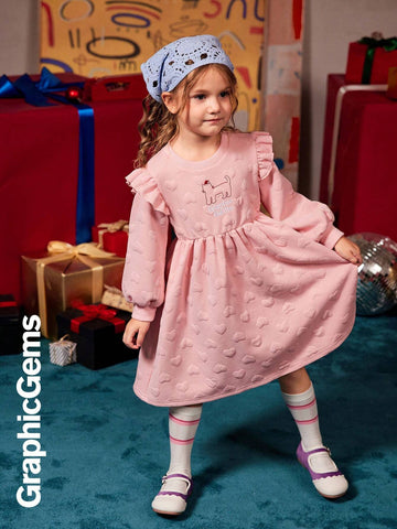 GraphicGems Girls Cute Embroidered Long Sleeve Round Neck Padded Knit Dress, Christmas Dress