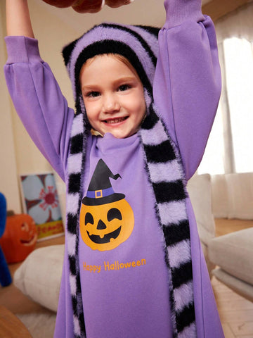 Halloween Party Pumpkin Print Long Sleeve Sweatshirt Dress