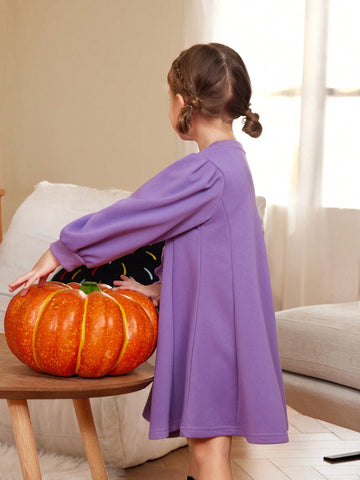 Halloween Party Pumpkin Print Long Sleeve Sweatshirt Dress