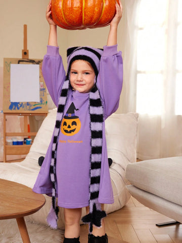 Halloween Party Pumpkin Print Long Sleeve Sweatshirt Dress