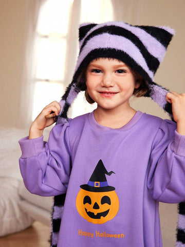 Halloween Party Pumpkin Print Long Sleeve Sweatshirt Dress