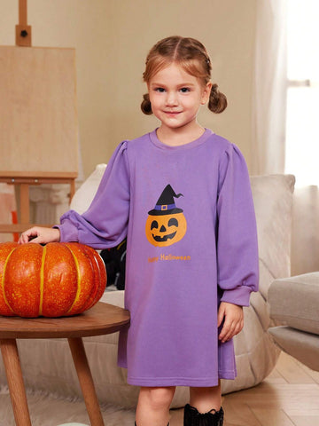 Halloween Party Pumpkin Print Long Sleeve Sweatshirt Dress
