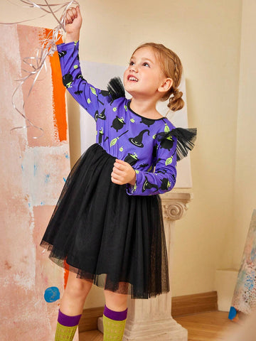 Halloween Party Girls Witch Cap Sleeve Mesh Dress, Halloween Costume Dress