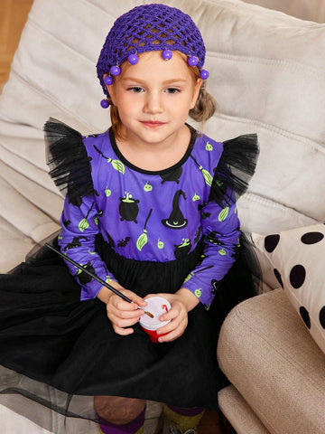 Halloween Party Girls Witch Cap Sleeve Mesh Dress, Halloween Costume Dress