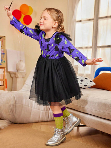 Halloween Party Girls Witch Cap Sleeve Mesh Dress, Halloween Costume Dress