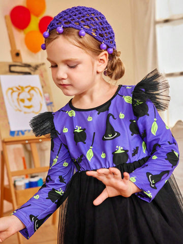 Halloween Party Girls Witch Cap Sleeve Mesh Dress, Halloween Costume Dress