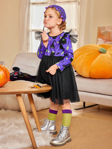 Halloween Party Girls Witch Cap Sleeve Mesh Dress, Halloween Costume Dress