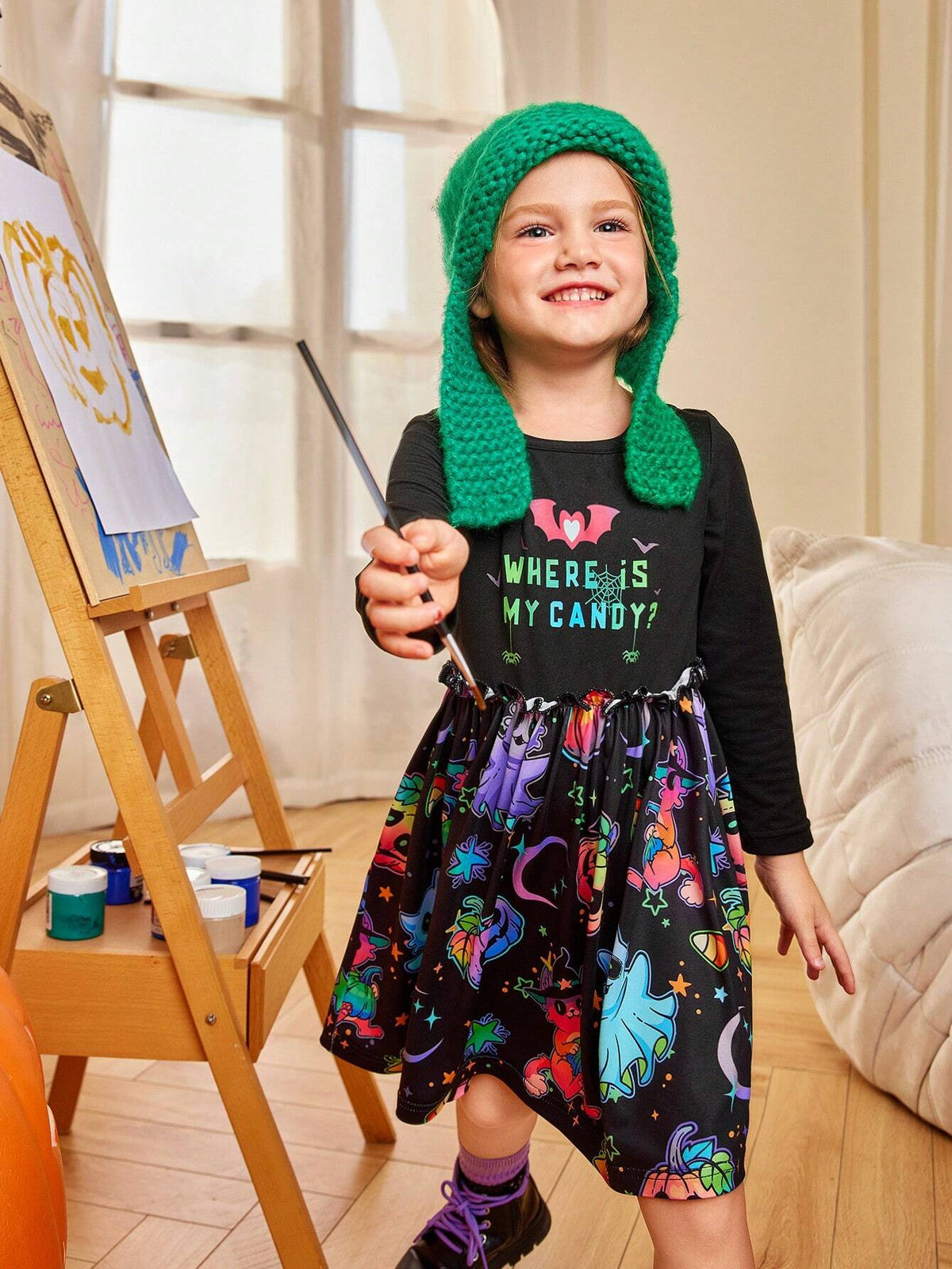 Halloween Party Toddler Girls Colorful Ghost & Pumpkin Pattern Knit Long Sleeve Dress