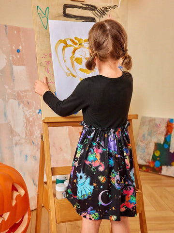 Halloween Party Toddler Girls Colorful Ghost & Pumpkin Pattern Knit Long Sleeve Dress