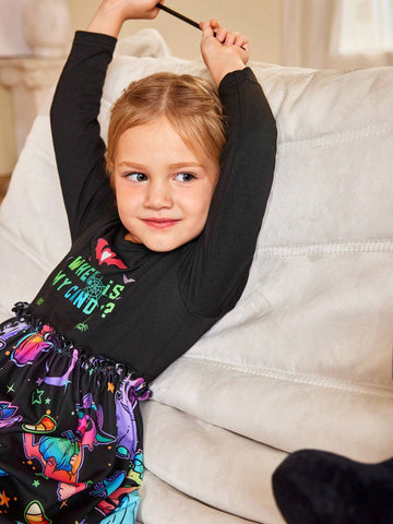 Halloween Party Toddler Girls Colorful Ghost & Pumpkin Pattern Knit Long Sleeve Dress