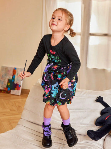 Halloween Party Toddler Girls Colorful Ghost & Pumpkin Pattern Knit Long Sleeve Dress