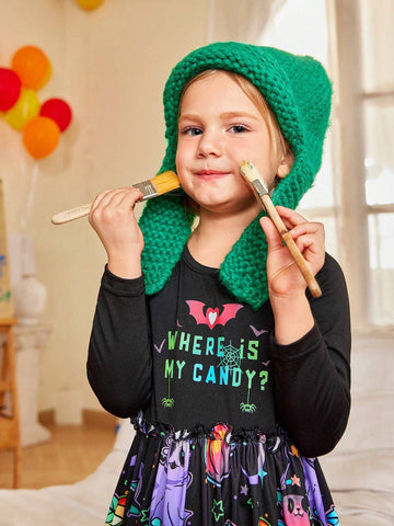 Halloween Party Toddler Girls Colorful Ghost & Pumpkin Pattern Knit Long Sleeve Dress