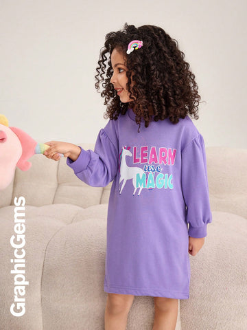 GraphicGems Little Girls Round Neck Long Sleeve Letter Print Casual Dress