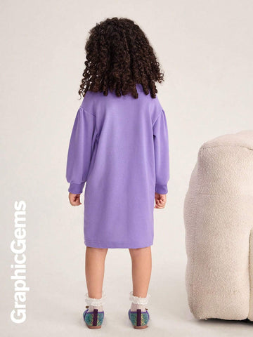 GraphicGems Little Girls Round Neck Long Sleeve Letter Print Casual Dress