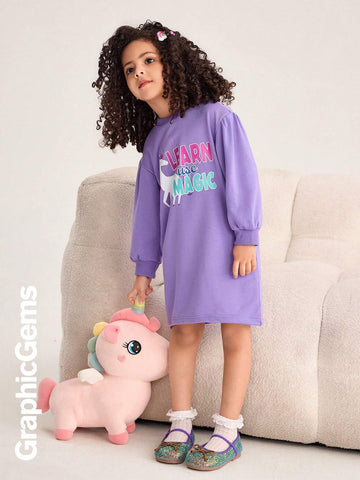 GraphicGems Little Girls Round Neck Long Sleeve Letter Print Casual Dress