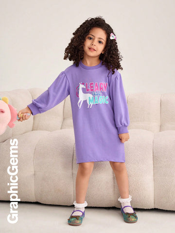 GraphicGems Little Girls Round Neck Long Sleeve Letter Print Casual Dress