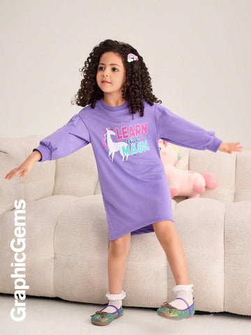 GraphicGems Little Girls Round Neck Long Sleeve Letter Print Casual Dress