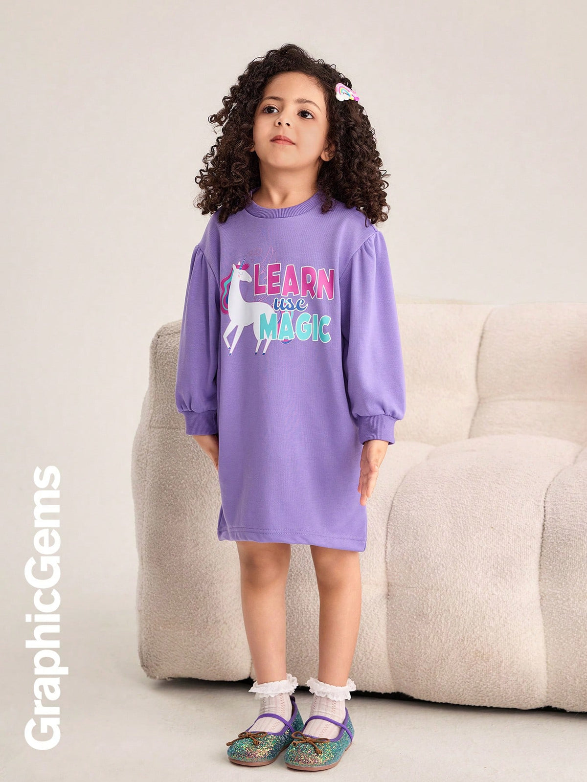 GraphicGems Little Girls Round Neck Long Sleeve Letter Print Casual Dress