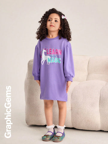 GraphicGems Little Girls Round Neck Long Sleeve Letter Print Casual Dress