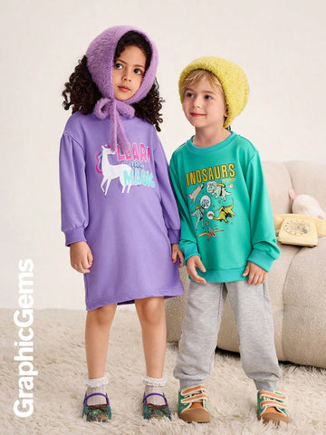 GraphicGems Little Girls Round Neck Long Sleeve Letter Print Casual Dress