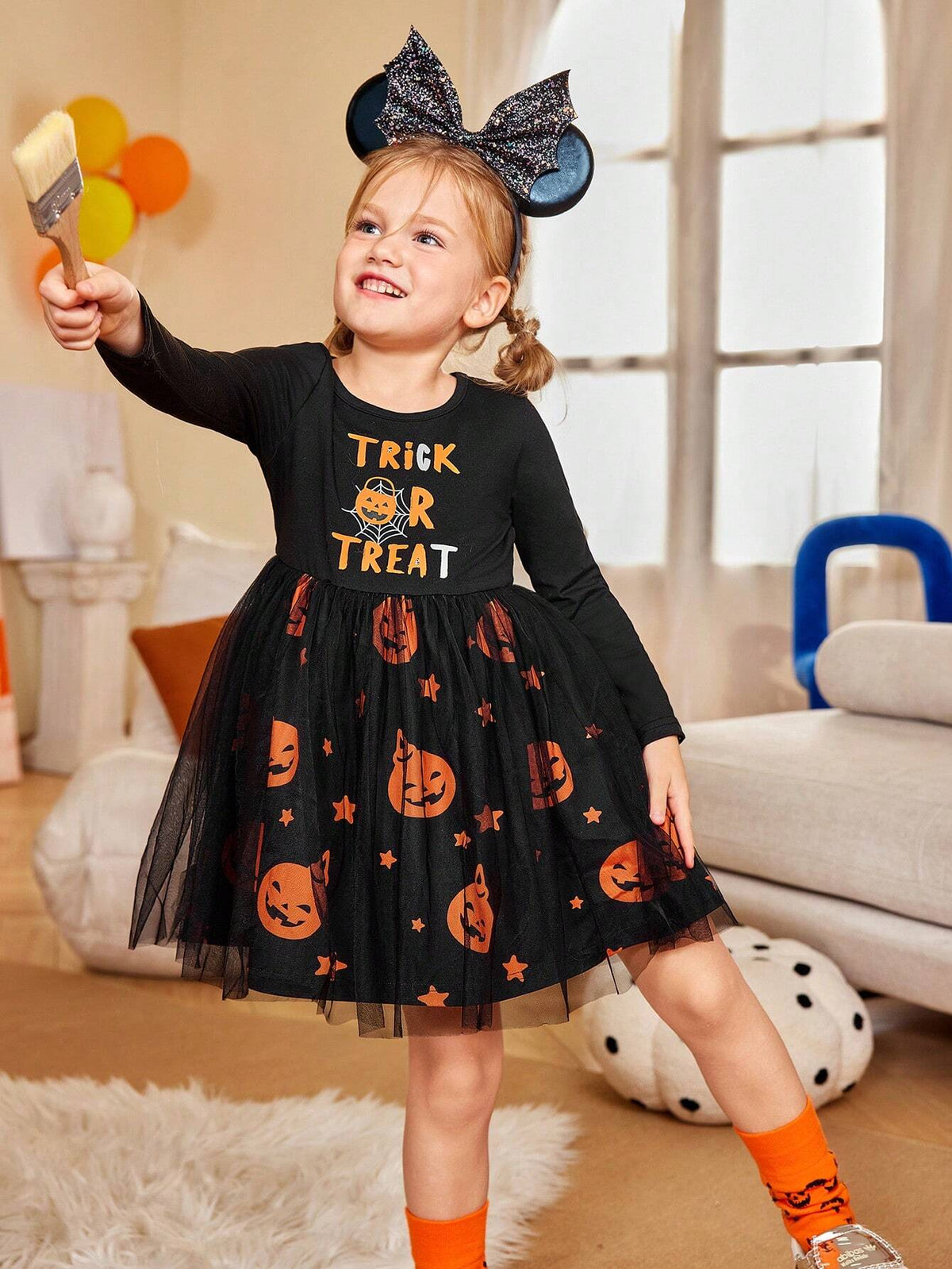 Toddler Girls' Pumpkin Basket Knit Long Sleeve Mesh Patchwork Halloween Dress