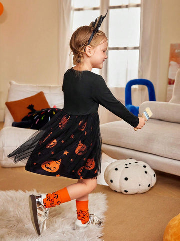 Toddler Girls' Pumpkin Basket Knit Long Sleeve Mesh Patchwork Halloween Dress