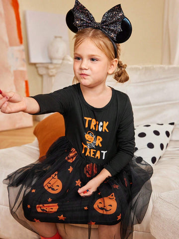 Toddler Girls' Pumpkin Basket Knit Long Sleeve Mesh Patchwork Halloween Dress