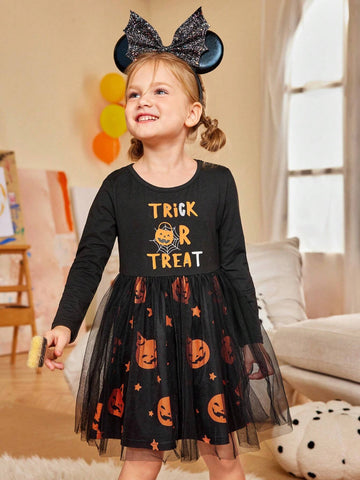 Toddler Girls' Pumpkin Basket Knit Long Sleeve Mesh Patchwork Halloween Dress