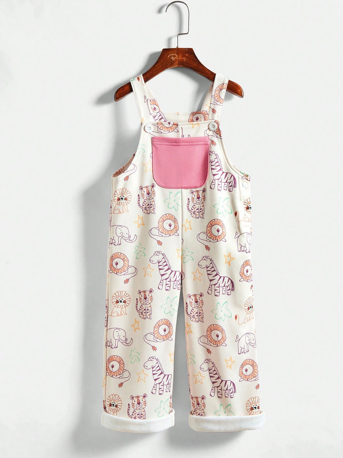 Young Girl Cartoon Lion Print Pocket Casual Bib Pants, Autumn