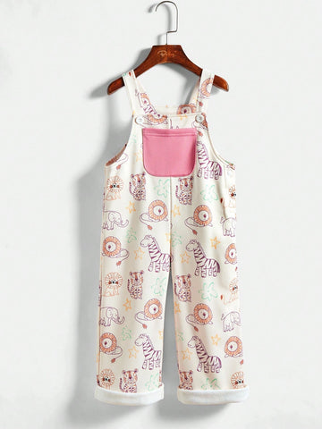 Young Girl Cartoon Lion Print Pocket Casual Bib Pants, Autumn