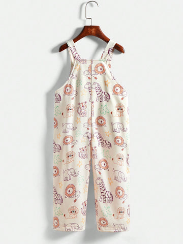 Young Girl Cartoon Lion Print Pocket Casual Bib Pants, Autumn