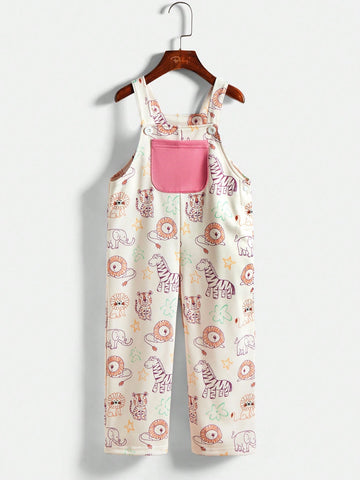 Young Girl Cartoon Lion Print Pocket Casual Bib Pants, Autumn