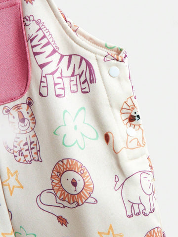 Young Girl Cartoon Lion Print Pocket Casual Bib Pants, Autumn