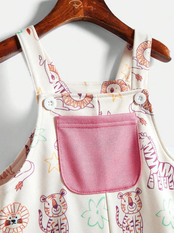 Young Girl Cartoon Lion Print Pocket Casual Bib Pants, Autumn