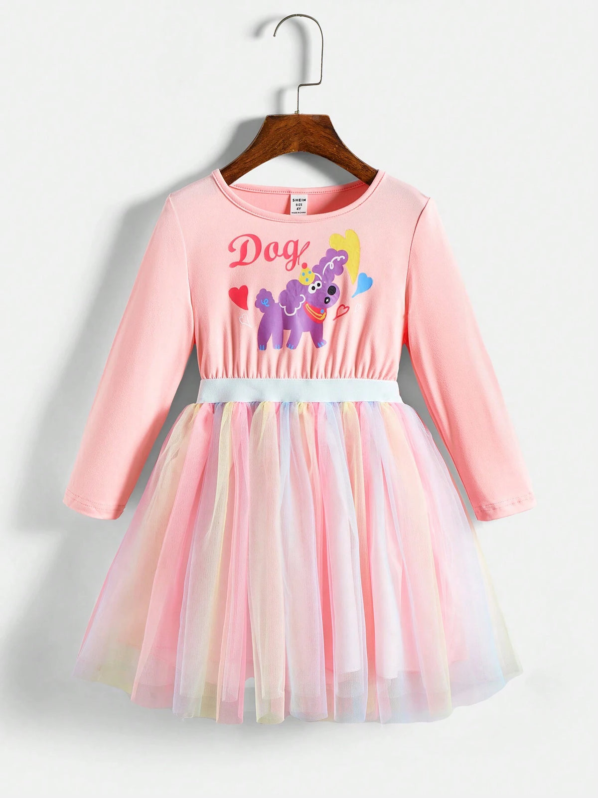 GraphicGems Young Girl Casual Cartoon Print Ombre Mesh Splice Long Dress, Autumn