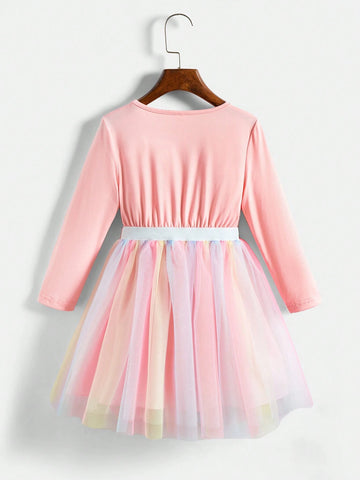 GraphicGems Young Girl Casual Cartoon Print Ombre Mesh Splice Long Dress, Autumn