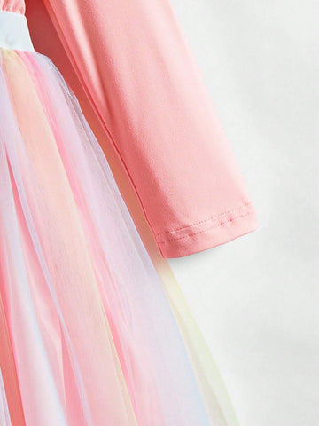 GraphicGems Young Girl Casual Cartoon Print Ombre Mesh Splice Long Dress, Autumn