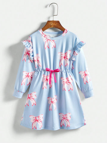 Young Girl Casual Cute Bowknot Print Ruffle Trim Cinched Waist Dress, Spring