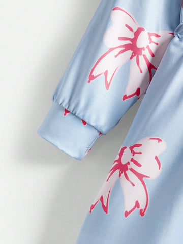 Young Girl Casual Cute Bowknot Print Ruffle Trim Cinched Waist Dress, Spring