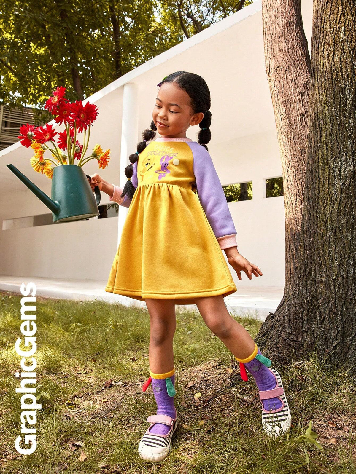 Young Girl' Cat Print Round Neck Raglan Sleeve Sweatshirt Dress