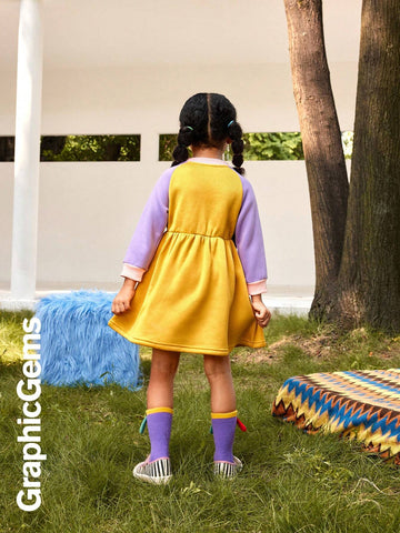 Young Girl' Cat Print Round Neck Raglan Sleeve Sweatshirt Dress