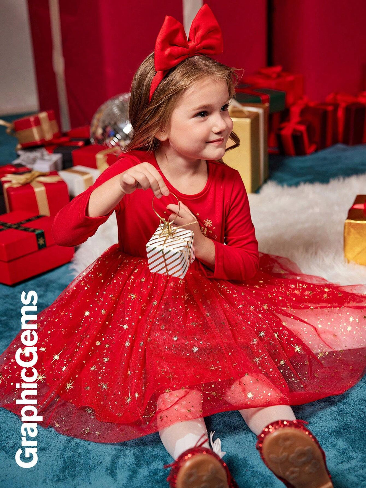 Young Girl' Christmas Snowflake Print Long Sleeve Metallic Mesh Patchwork Dress, Christmas Dress