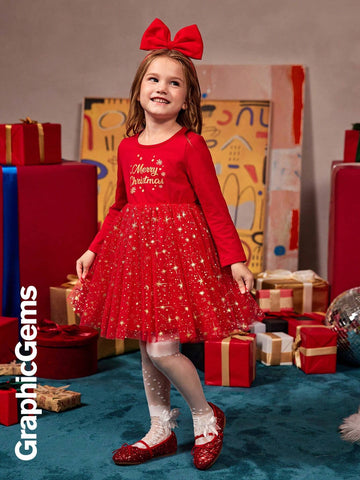 Young Girl' Christmas Snowflake Print Long Sleeve Metallic Mesh Patchwork Dress, Christmas Dress