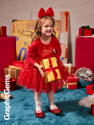 Young Girl' Christmas Snowflake Print Long Sleeve Metallic Mesh Patchwork Dress, Christmas Dress