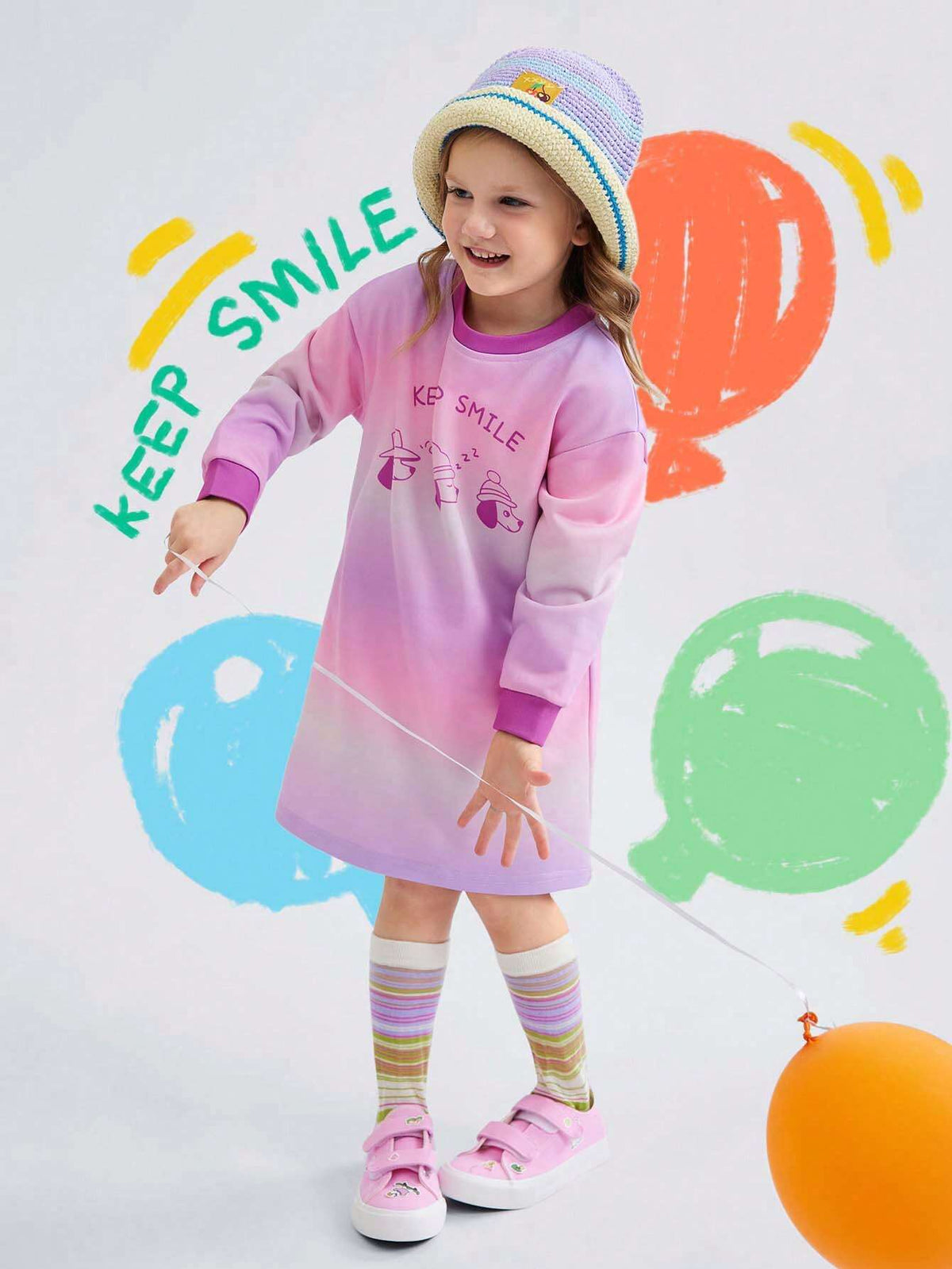 Young Girl Colorful Striped Tie-Dye Pup Hooded Sweatshirt Dress, Long Sleeve
