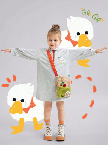 Young Girl Cute Duck Embroidery Polo Collar Straight Sweatshirt Dress